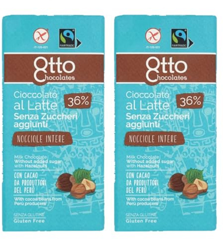 Chocolat au lait aux noisettes entières SANS SUCRE ajouté, 100 gr x 2 pièces - Huit Chocolates - Cacao 36% minimum - avec cacao de producteurs du Pérou