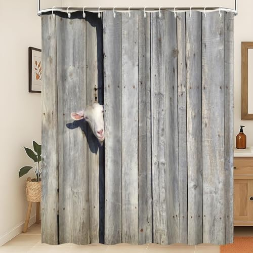 Xiaoterna Rustikaler Duschvorhang Bauernhof Tier Bad Vorhang Rustikale Holztür Niedliches Schaf in rustikalem Holzhaus Bauernhof Wasserdicht Schimmelresistenter Badewannenvorhang 120x200cm