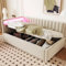 LAKFEW Kinderbett Polsterbett 90x200 cm, Sofabett Einzelbett mit LED und Hydraulischer Stauraum, Schlafsofa mit Abnehmbare Rückenlehnenposition und Lattenrost, Ohne Matratze, Samt, Beige