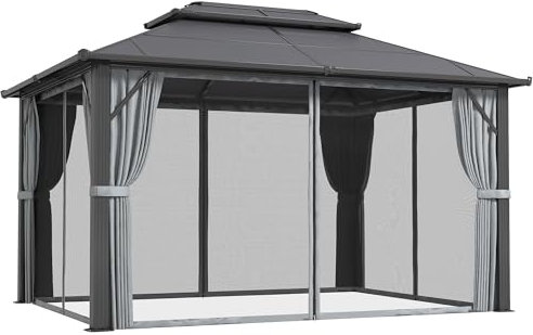 Outsunny 3 x 4m Hardtop Gazebo Canopy with UPF30+ Double Polycarbonate Roof, Aluminium Frame Garden Gazebo Permanent Pavilion with Mosquito Netting and Curtains for Patio, Deck, Grey