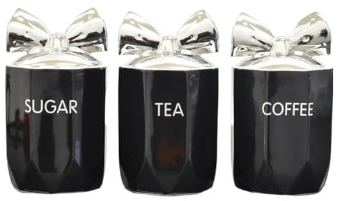 BML Ceramic Tea Coffee Sugar Canisters Set kitchen storage Container Canister jars with Silver Bow Lid for Home Kitchen Other Sweet Treats Kitchen Accessories (Black)