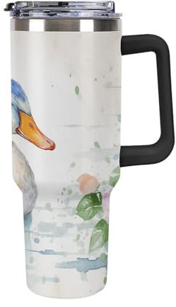 40oz Stainless Steel Thermal Cup With Handle Watercolor Duck Stainless Steel Water Bottle Heat Resistant Leak-proof Suitable for Car Cup Holders