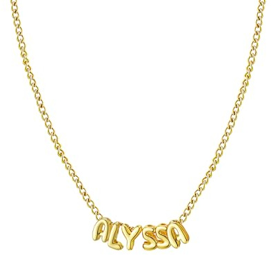 Ldurian Personalized Bubble Name Necklace, Tiny Name Plate Pendant Necklace, 14K Gold Plated Charm Cute Pre-made Jewelry for Women, Violet, Brass, No Gemstone