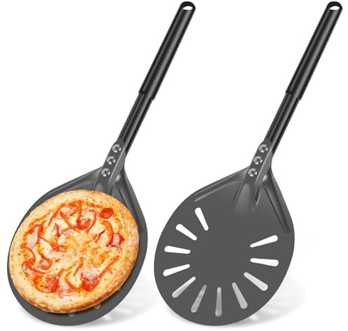 LuLobtg 6 Inch Pizza Turning Peel, 2pcs Perforated Non-Stick Pizza Paddle with Long Handle, Anodized Aluminum Baking Shovel for Crispy Crust, Home & Bakery Baking Essentials