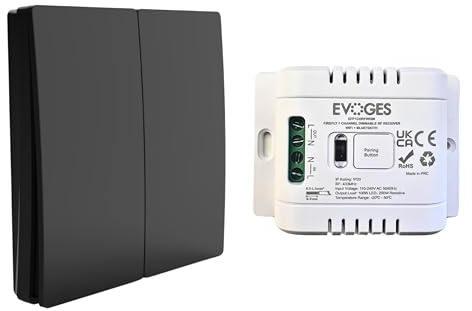 Evoges Firefly RF Kinetic Switch & Smart Receiver Kit (Smart Wifi + Bluetooth 100W Dimmable RF Receiver + 2 Gang Wireless Battery Free Switch, Black)