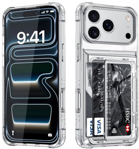 Vunake Clear Case for iPhone 17 Pro Max Case with Card Holder (4 Cards) | Anti-Yellowing Clear Cover,Heavy Duty Shockproof Military-Grade Protection,Soft TPU+Hard PC Bumper Clear Wallet Case