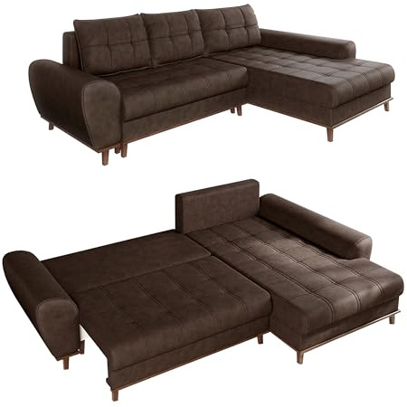 Modernes Ecksofa in Leder-Optik B268/T175/H86 cm mit Schlaffunktion, Bettkasten, Ottomane rechts, Füße und umlaufender Blende aus Massivholz, mit Mikrofaserstoff in Vintage Braun / 21017