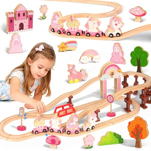MOMOSTAR 74 Stück Rosa Thema Holzeisenbahn Set, Einhorn Geschenke für Mädchen 3-5 Jahre, Eisenbahn Kinder Magnetisch Zug Spielzeug Mädchen 3 4 5 Jahre，Einhorn Spielzeug Holzspielzeug Ab 3 Jahre