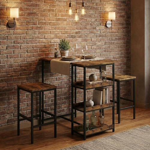 Litake 3-Teiliges Bar Tisch Set für 2, Bar Höhe Tisch mit Hockern & 2 Aufbewahrungsregale, Kleiner Esstisch Set mit Glashalter, Kleiner Küchentisch für Esszimmer, Wohnzimmer, rustikales Braun