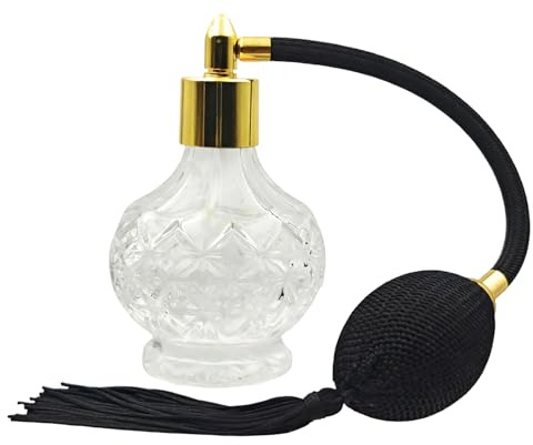 Frasco Perfume Cristal Vintage80ml Transparente Dorada Boquilla Negra Borla | Atomizador vacío recargable con bomba, recipiente reutilizable de estilo vintage para guardar perfumes.