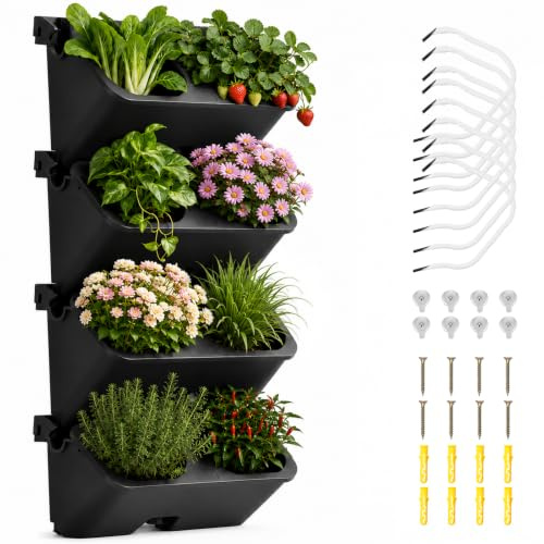 Giardino Verticale, Torre Di Coltivazione Tasche Pensili Con 4 Vasi，Nero | Sistema Vasi Parete Per Erbe Aromatiche Frutta Verdura E Fiori Adatto Uso Interno Esterno Parete Verde Soluzione Salvaspazio