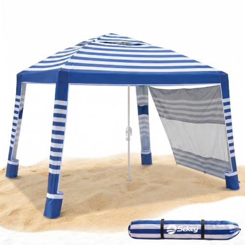 Sekey Strandmuschel pop up UV-Schutz 50, höhenverstellbar & einfacher Aufbau mit Seitenvorhang, als stabiles Strandzelt & Sonnensegel Strand, windfest & wasserdicht für Strand, (Blaue Streifen)