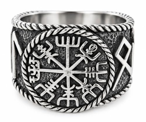 Kiss of Leather Ring Wikingerkompass Vegvisir aus 925 Sterling Silber, Gr. 54-74