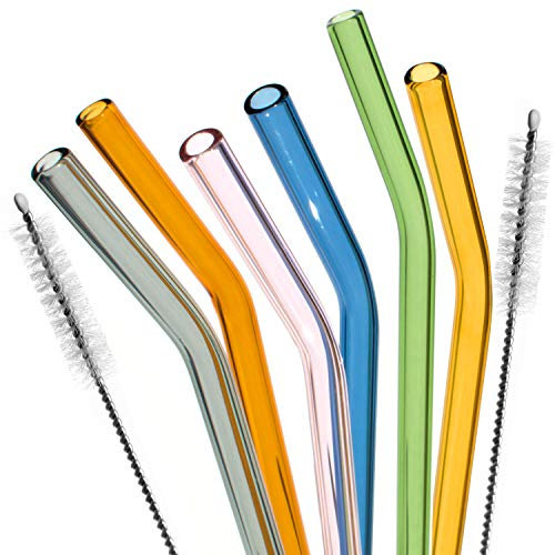 bremermann 6er Set Glas-Trinkhalme, Cocktail-Set, Verschiedene Längen, wiederverwendbar, transparent oder bunt, Gebogene Form, inklusive 2 Reinigungsbürsten (bunt, 25 cm)
