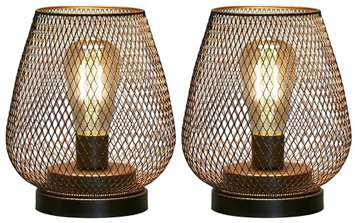 JHY DESIGN 2er Set LED-Laterne aus Metallkäfig Batteriebetriebene Lampe Kabellos 17cm hoch Industrial Wohnzimmer Batterie Tischlampe für Dekorative Drinnen Draußen Hochzeiten(Metallschwarz mit Gold)