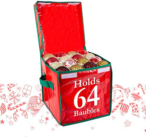 iN Large Christmas Bauble Storage Box - Holds 64 Baubles - Xmas Ornament Storage Box Christmas Decorations Storage. Baubles Storage. Durable with Full Zipper (Christmas Bauble Bag)