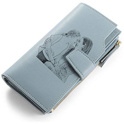Personalisiert Damen Leder Geldbörse mit Foto Druck Fashion Geldbeutel Portemonnaie mit 15 Kartenfächer Reißverschluss Geburtstag Geschenk für Frauen Muttertag Familie (Blau)