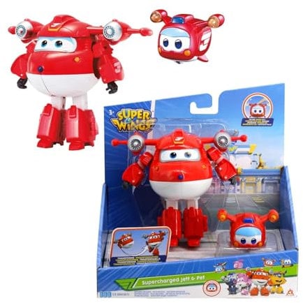 Super Wings Transforming Flugzeug Supercharged und Super Pet Jett, Spielzeug für Kinder ab 3 Jahren, verwandelbare mit Bewegungs- und Leuchtfunktion, Rot