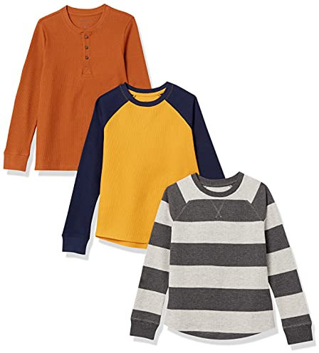 Amazon Essentials Boys' Long-Sleeved Knitted Thermal T-Shirt, Pack of 3, Grey Rugby Stripe/Mustard Yellow/Rust, 3 Years
