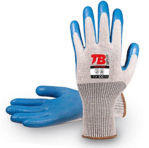 TB Guante de Protección TB 313AZ Grip | Paquete 10 Pares - Guante de Trabajo con Recubrimiento de Látex Azul, Soporte de Algodón-Poliéster y Puño Elástico. Cómodo y Transpirable - Talla 9