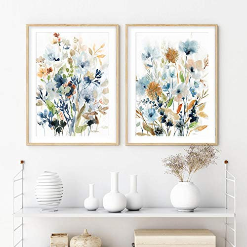 ZZBYTSYD Impression sur toile sans cadre - Aquarelle - Mélange de fleurs et feuilles - 50 x 70 cm