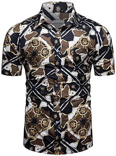 fohemr Mens Chain Print Shirt Luxury Baroque Vintage Short Sleeve Casual Button Down Dress Shirts Vintage Large