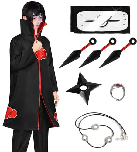 Akatsuki Mantel für Kinder Erwachsener Unisex Cosplay Kostüm, Cosplay Halloween Weihnachten Party Kostüm Umhang mit Stirnband und Ring (Schwarz, 135-150cm)