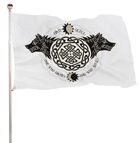 NIBABAEU Drapeau décoratif de maison, bannière de cour, deux loups avec runes viking nordiques, drapeau de bienvenue pour les vacances, décoration de pelouse à suspendre, 60 x 90 cm