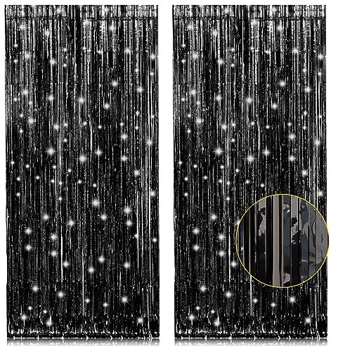 PIGETALE Lametta Vorhänge Schwarz Glitzer, 2 Stück 1x2.5m Metallische Folie Fransen Vorhang Funkeln Vorhängen Dekoration für Geburtstagsfeier Hochzeitsfoto Hintergrund Halloween Festivals Disco Party