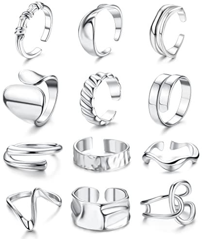JeryWe 12PCS Offene Ringe Set für Damen Frauen Midi Verstellbare Fingerringe Silber Knöchel Ringe Set Niedliche Minimalistisch Klobig Stapelringe