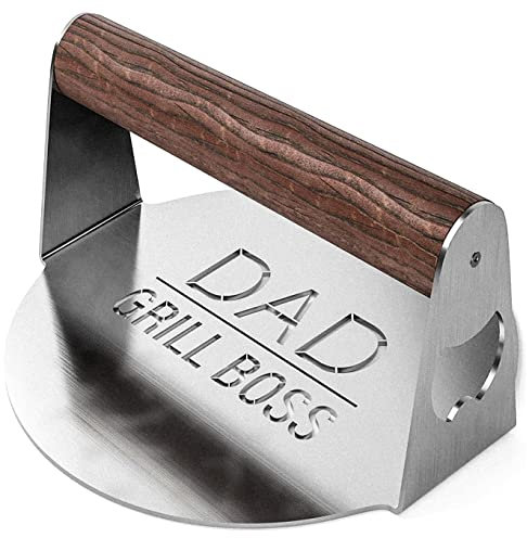 Soho Grilling Gift for Dad, Round BBQ Stainless Steel Burger Press for Smash Burger or Hamburger, BBQ Accessories Grill Press with Wood Handle for Christmas/Birthday “Dad Grill Boss” (Gift Boxed)
