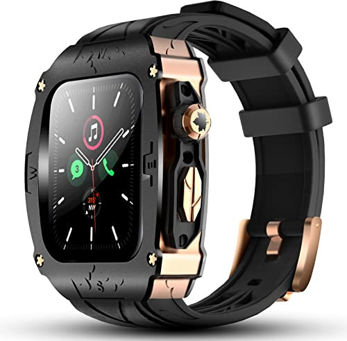 Luxury Metal Case for Apple Watch 8 7 45mm 6 44mm Band with Cover Heavy Duty Rugged Case Silicon Strap for Men iWatch 6 5 4 SE 44mm Full Protective Cover