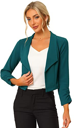 Allegra K Damen Blazer mit gekerbtem Revers und gerüschten Ärmeln, Business-Crop-Blazer, Pfauenblau, M
