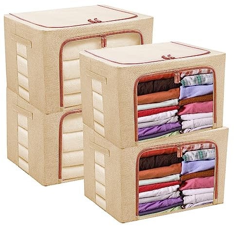 YOUNTHYE 4 Pack Clothes Storage Bags, 24L Foldable Clothes Storage Boxes with Lids, Clear Window & Carry Handles, Cotton Linen Cloth Steel Frame Box with Zippers