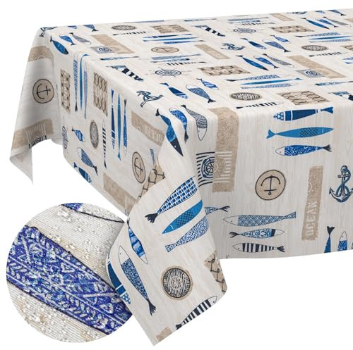 Stoff Tischdecke Tischwäsche Textil Tischtuch Baumwolle Polyester Gewebe abwaschbar pflegeleicht, in rund oval eckig Maritim 180x100cm Schnittkante