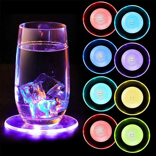 NICEWAT 8 Stück Bunt LED Untersetzer Leuchtende, Wasserdichtes Leuchtuntersetzer, Untersetzer Acryl Rund für Weihnachten Pub Gläser Flaschen Partys Hochzeiten