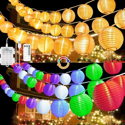 StarryEver LED Lampions Lichterkette Außen Batterie & USB, Warmweiß und Bunt 20 Modi Lampion Lichterkette mit Fernbedienung, 6M 20 LED Chinesische Laternen Beleuchtung Draußen für Patio Balkon Garten