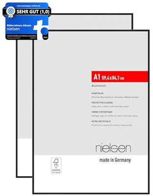 nielsen Bilderrahmen, 59,4 x 84,1 cm (A1) (2er Set), Aluminium, Schwarz matt, Posterrahmen zum Aufhängen im Hoch- & Querformat, bruchsicheres Kunstglas, Atlanta