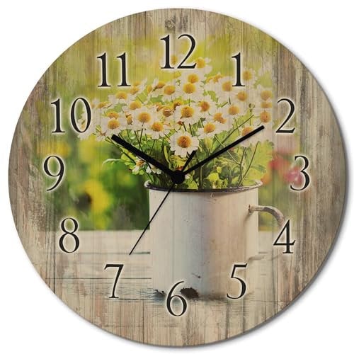 ARTLAND Wanddeko Wanduhr ohne Tickgeräusche aus Holz Funkuhr lautlos rund Ø 30 cm Frühlingsgarten mit Echter Kamille T4UE Blumen Pflanzen Gänseblümchen
