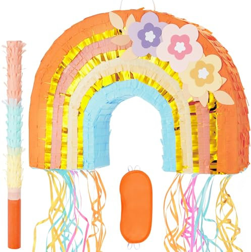 WERNNSAI Regenbogen Pinata - Geburtstags Piñata Mädchen Regenbogen Pinata mit Quasten Kordelzug Stock Augenbinde Kindergeburtstag Boho Party Dekoration Babyparty Sommerparty Partyspiel Zubehör