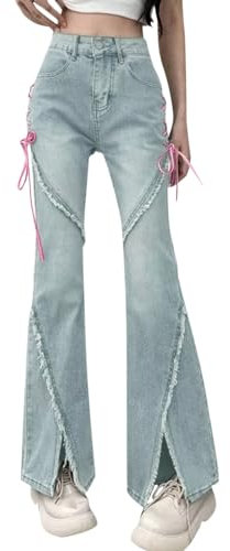 Kobilee Hüfthose Damen - Straight Leg Baggy Bootcut Hosen Boyfriend Flared Latzhose Hellblaue High Waist Jeans Weites Bein Schwarze Graue Cargohose Push Up Streetwear Damenjeans Helle