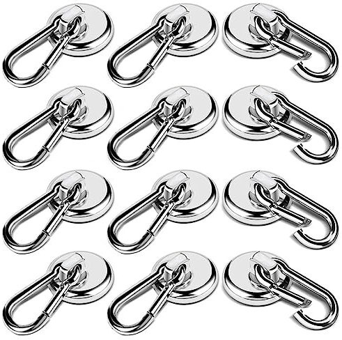 Spactz 12 Pack Strong Magnetic Hooks, 60LBS Heavy Duty Magnet Hooks Strong Neodymium Magnets with Carabiner Hook