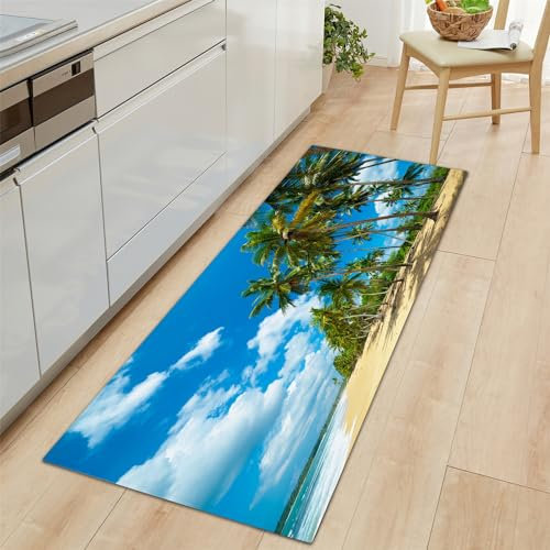 Küchenläufer Palme Pflanzen Motiv Teppich Läufer 50x140cm, rutschfest Pflegeleicht Blau Teppich Läufer für Küche Flur Eingangsbereich Esszimmer