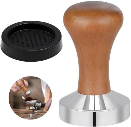 Kaffee Tamper, Espresso Tamper Barista Zubehör Kaffeestampfer aus Edelstahl Edelstahl Base Holzgriff mit Silikonmatte für Cafes und Kaffeeliebhaber Tamper 51mm