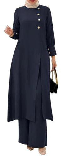 OBEEII Muslimische Kleider für Damen 2 Teiler Corban Ramadan Outfit Langarm Oberteile Und Hosen Naher Osten Dubai Türkisches Islamische Kleidung Navy S