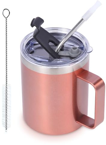 Volhoply 12oz Insulated Leakproof Coffee Mug with Sliding & Straw Lid,Double Wall Vacuum Stainless Steel Travel Tumbler Cup with Handle,Reusable Camping Mugs Keep Cold/Hot(Rose Gold,1 Set)
