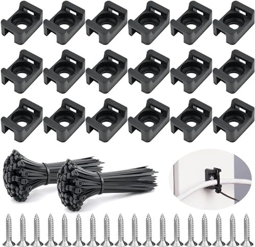 SDwfxd 200 Piezas Soportes para Bridas de Cable, 15 x 10 x 7 mm Base de Montaje Sujetacables Cables, con 200 Piezas Bridas de Nylon para Cable, 200 Tornillos, para Organizar Cables