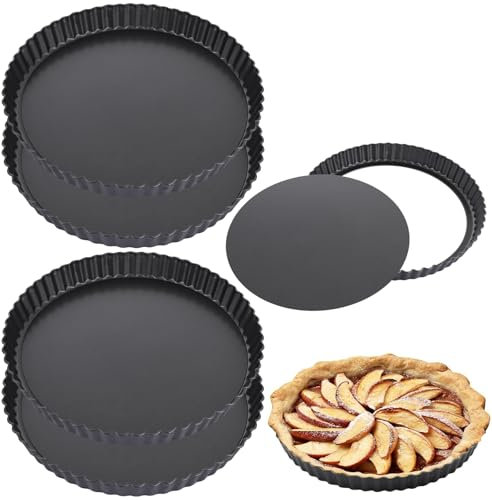Oungy Paquete de 4 platos para quiche, 24 cm, antiadherentes, con base suelta, acero al carbono, para flan, plato redondo para tartas, bandeja para hornear (negro)
