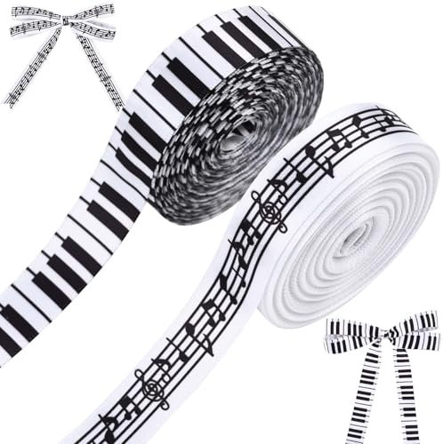 2 Rolls 20 Yards Music Satin Ribbon, 5/8 Inch Piano Keys Musical Notes Craft Ribbon Black and White Fabric Ribbon for Gift Packaging Party Decoration Sewing Craft