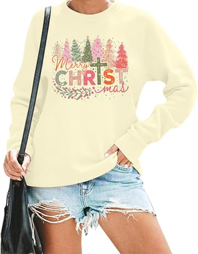 UNIQUEONE Christmas Sweatshirts for Women Christian Sweatshirts: Merry Christmas Tree Sweaters Xmas Holiday Pullover Top, Apricot, Medium